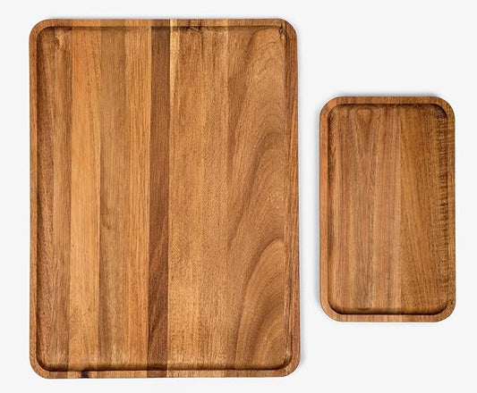Acacia Rectangle Wooden Tray - 2 Sizes 16" X 12" and 10" X 6" - Food Safe Serving Tray - Large & Small Wooden Trays Combination - Durable Wood Display Tray for Coffee Party or Home Decor