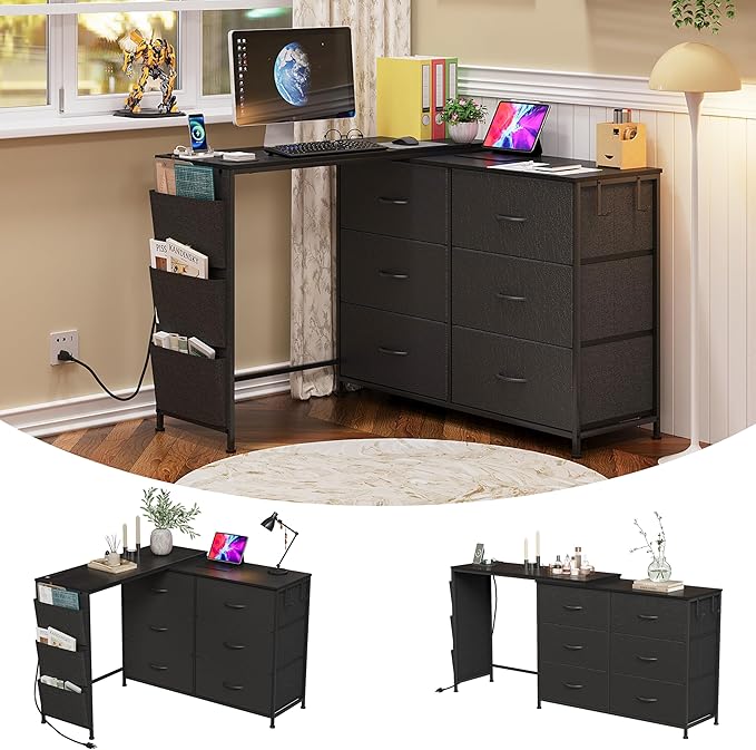 Modern Corner Vanity Desk with 6 Fabric Drawers Power Outlet Side Pocket L Shaped Drawers Makeup Desk Dressing Table for Girls Women Bedroom (Black)