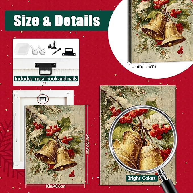 Vintage Golden Bells & Holly Berries Christmas Canvas Wall Art - Rustic Winter Holiday Framed Print for Living Room, Elegant Christmas Wall Decor, Ideal Christmas Gifts & Festive Decorations