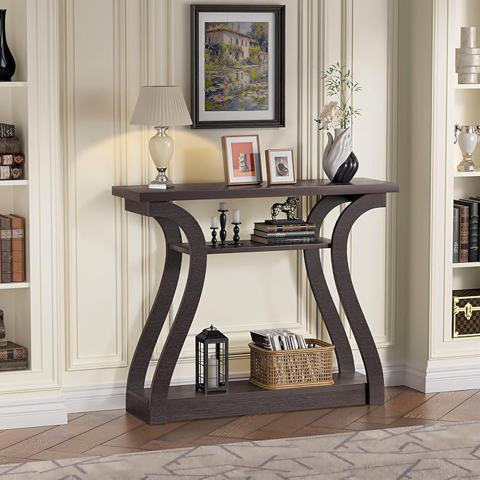 Wooden Console Table with Curved Legs and Shelf, 3-Tier Modern Accent Sofa Table for Entrance Area, Living Room, Hallway, 47 in Wide (Brown)