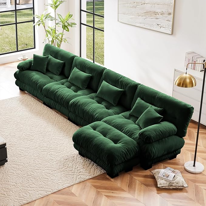 173.2" Oversized Couch, 4 Seater Modular Sectional Sofa, Green Large L Shaped Sectional Couches for Living Room, Fluffy Chenille Fabric Cloud Couch with Ottoman, Deep Seat Sofas