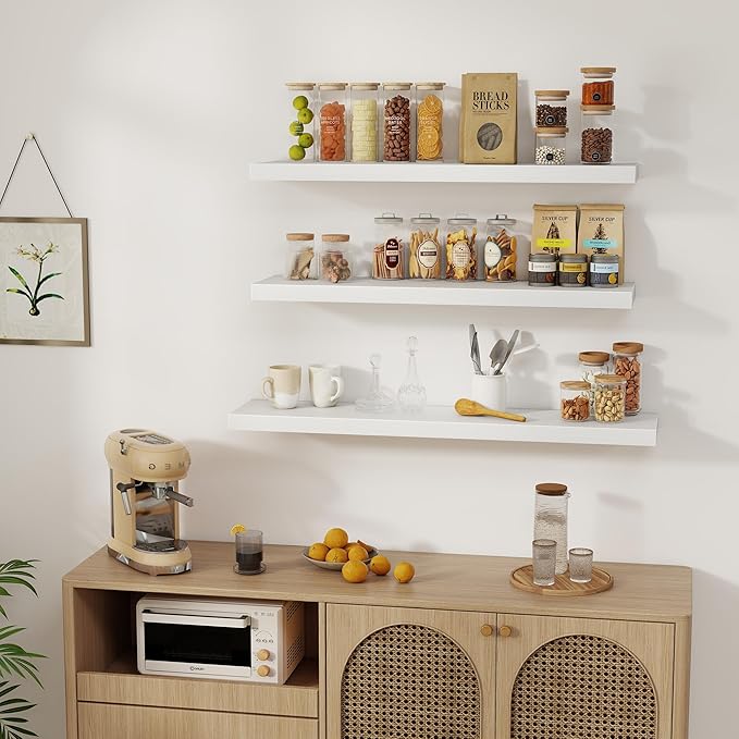 White Floating Shelves Wall Shelf 40 Inch, 8 Inch Deep Floating Shelf for Wall, Farmhouse Black Wood Shelves Invisible Bracket for Living Room, Bedroom, Kitchen, 40 x 8 x 1.4 Inch, Set of 2