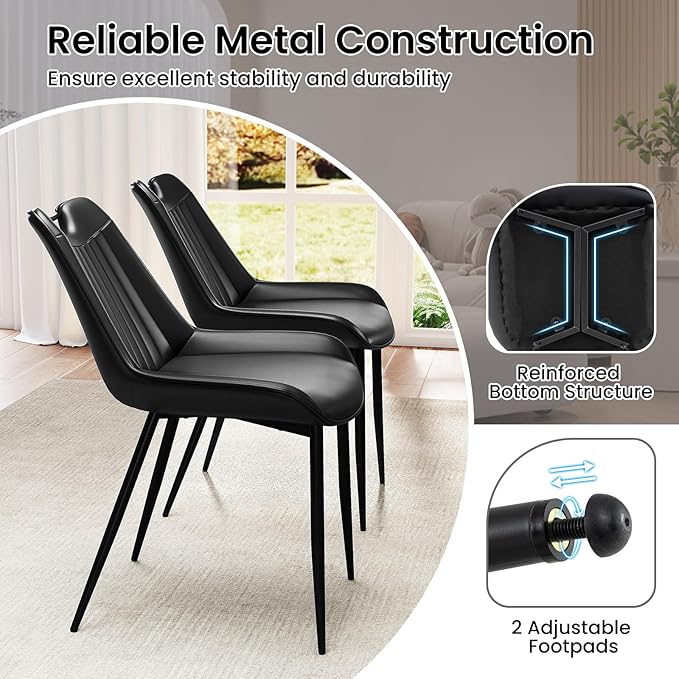 Giantex Dining Chairs Set of 4, PU Leather Upholstered Kitchen Dining Room Chairs w/Handle, Metal Legs, Curved Back, Modern Armless Accent Side Chair for Living Room, Restaurant (PU Black)