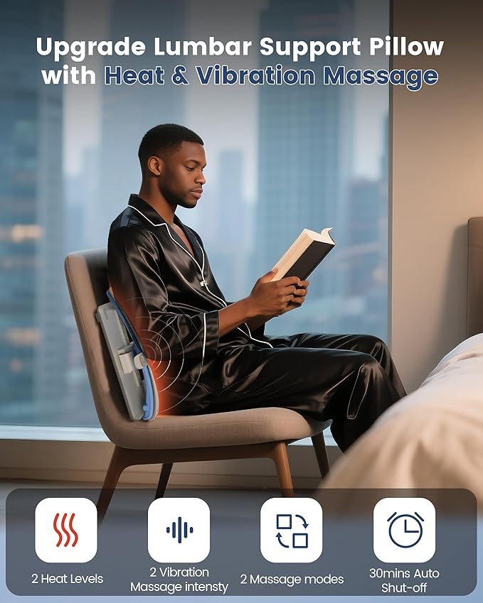 Beleduc Heated Lumbar Support Pillow for Office Chair- Back Support Pillow with Vibration Massage, Ergonomic Back Massager for Chair, Adjustable Height, 2 Heating Levels, Gifts