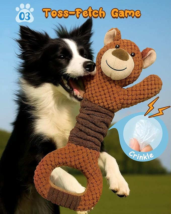 Swooflia Tug of War Dog Toy-Squeaky Plush Tug a War Dog Toy for Medium Large Breed Dogs to Keep Them Busy, Interactive Crinkle Doggie Toy, Cute Bear with Soft Long Pull Handle