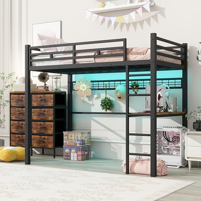 Loft Bed Twin Size with Desk, 8 Storage Drawers, Power Outlet, LED Metal Loft Bed with Storage Shelve, Bed with Safety Guardrail & Ladders,Space-Saving,Black