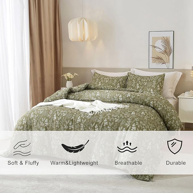 EAVD Fresh Botanical Floral Comforter Set King Dark Olive Green Soft Microfiber Chic Cute Garden Floral Bedding Comforter Set 1 King Comforter and 2 Pillowcases Botanical Comforter for All-Season