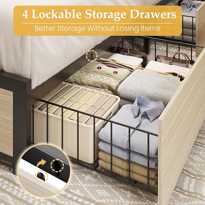 Lifezone King Bed Frame with 2-Tier Storage Headboard, Metal Platform Bed Frame with 4 Storage Drawers, Built in Charging Station & LED, Noise-Free/Metal Support/No Box Spring Needed, Beige