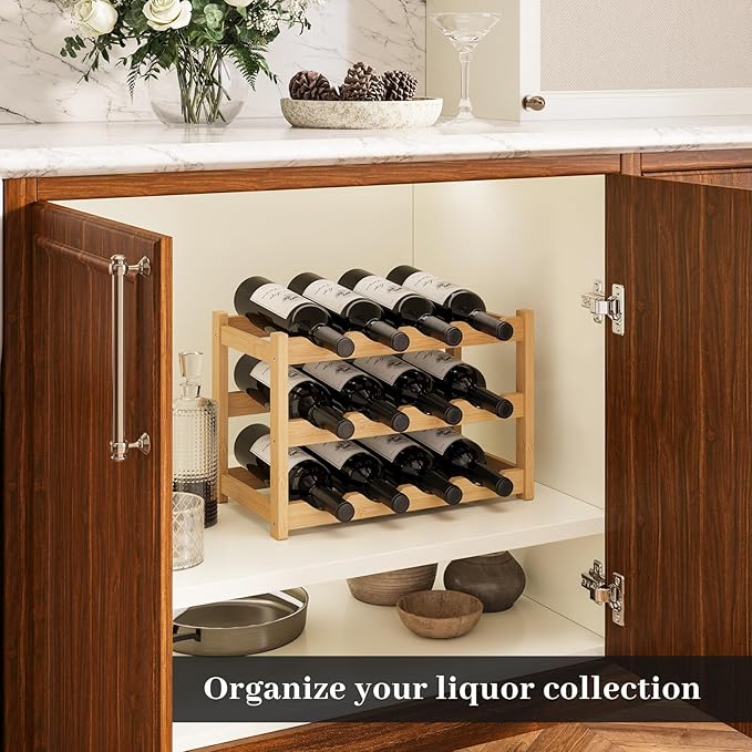 Wine Rack，Bamboo Wine Storage Cabinet Shelf，Countertop Wine Shelf- Freestanding Wine Holder for Kitchen & Pantry (Natural, 3-Tier)