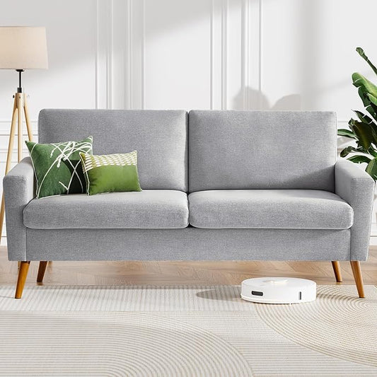 WEUP 68" Loveseat Sofa Light Grey Linen Couch, Mid Century Modern Love Seat Couches for Living Room, Small Loveseat for Bedroom Office, Comfy Sofa with Spring Cushion, Solid Wood, Tool-Free Assembly