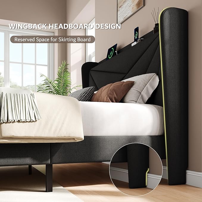 iPormis Full Size Bed Frame with Charging Station, Linen Platform Bed Frame with Wingback Upholstered Headboard, Solid Wood Slats Support, No Box Spring Needed, Easy Assembly, Black