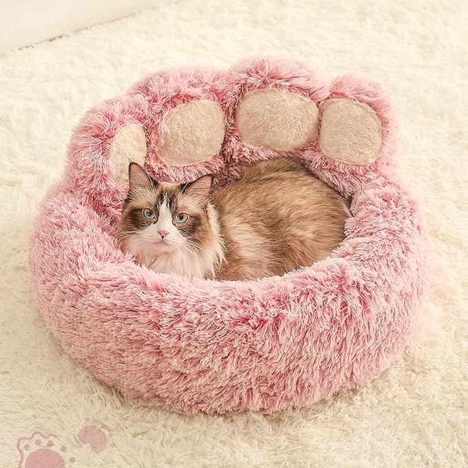 Jiupety Paw Shape Calming Pet Bed, Plush Faux Fur Donut Bed for Dogs & Cats, Machine Washable, Non-Slip Bottom, Medium (22"×22"×6"), Pink