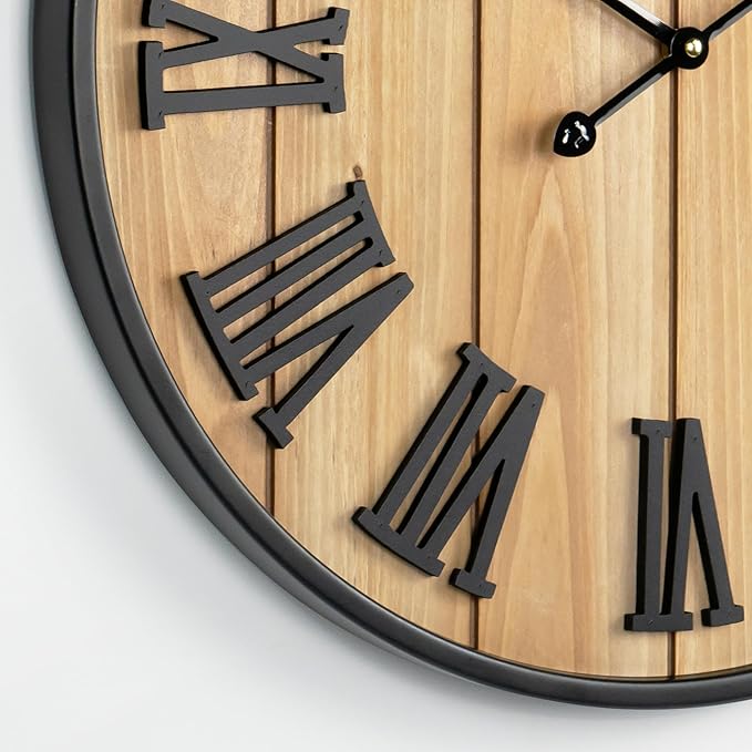 Large Wall Clock 24IN, Silent Metal Wood Style Wall Clocks Battery Operated for Living Room Decor, Farmhouse Big Wall Clock, Outdoor