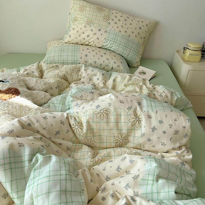 LifeTB 100% Cotton Muslin Duvet Cover Twin XL Aesthetic Floral Comforter Cover with Botanical Flower Cute Plaid Design Cottagecore Bedding Set Ultra Soft Breathable Gauze Duvet Cover for Kids Girls