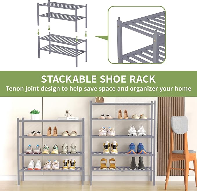 4 Tier Bamboo Shoe Rack for Closet Free Standing Wood Shoe Shelf for Entryway Small Space Stackable 27"x11"x26" (Grey)