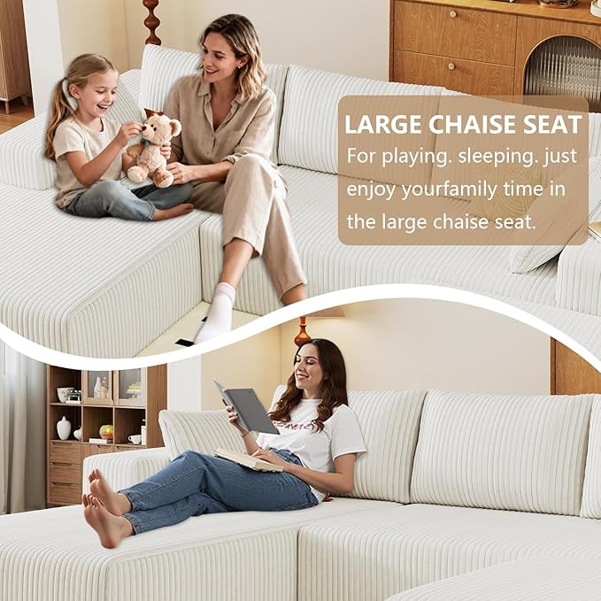 96" U-Shape Cloud Couch, Modern Modular Sectional L-Shape Sofa with Ottoman, Corduroy Upholstered Couches Deep Seat Sleeper Chaise Longue for Living Room, No Assembly Required(White, Left Facing)