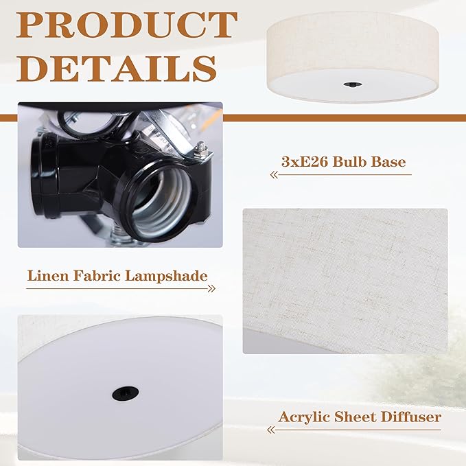 15.7 Inch 3-Light Drum Modern Black Ceiling Light Fixture Flush Mount Ceiling Light Fixture Dimmable Close to Ceiling Light Fixture with Fabric Shade for Living Room Hallway Entryway Bedroom