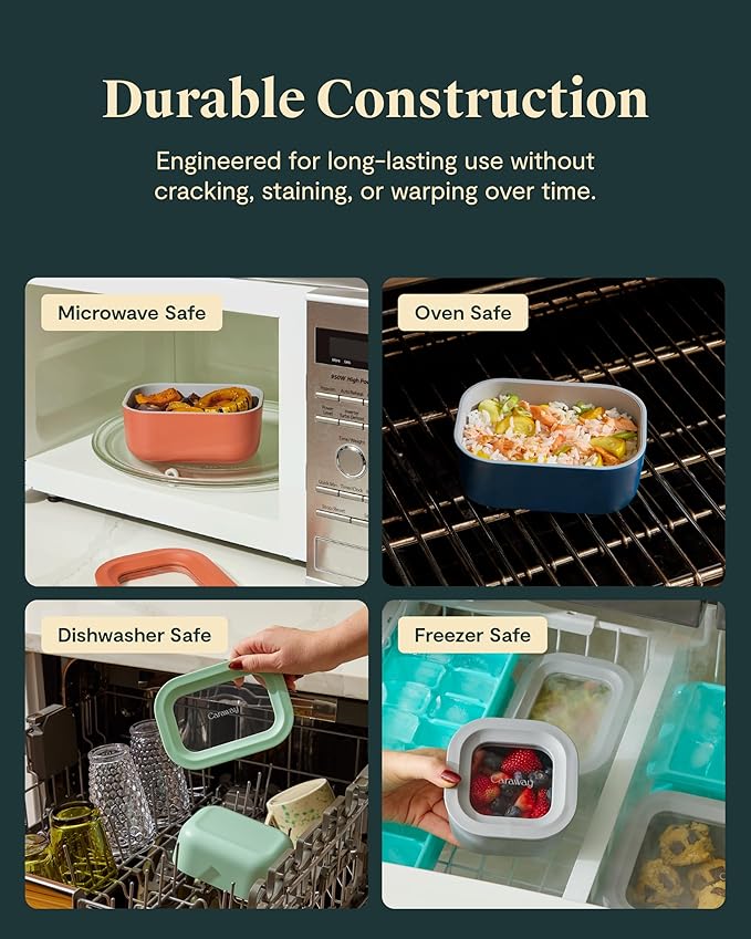 Caraway 2pc Glass Food Storage Set - 2.6 Cup Food Containers (2) - Non-Toxic Ceramic-Coated Glass - Air Release Technology - Compact & Stackable Design - Perracotta