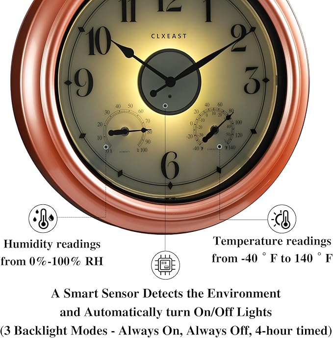 CLXEAST 18 Inch Illuminated Outdoor Indoor Clocks with Smart Sensor,Modern Farmhouse Lighted Wall Clock with Temperature and Humidity for Patio, Garden Decor,Copper/Rose Gold Finish