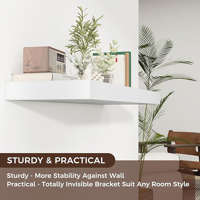Floating Shelves for Wall, 40" W x 12" D x 2" H, 1 Pack of Long Wall Mounted Engineered Wood Shelves with Invisible Brackets for Living Room, Bedroom, Bathroom, Kitchen Decor, White