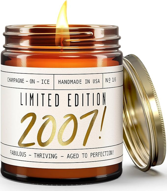 18th Birthday Gifts for Girls - 'Limited Edition 2007' Soy Candle, w/Champagne on Ice I 18 Birthday Gifts for Women I 18th Gift for Her Ideas I 9oz Reusable Jar, 50Hr Burn, Made in USA