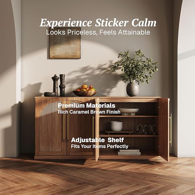 BELLEZE 65 Inch Sideboard Cabinet with Double-Arc Wood Doors, Large Buffet Cabinet with Storage and Adjustable Shelves, Classic Modern Console Table for Dining Room Living Room Entryway (Camel)