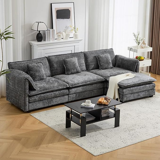 112" Modular Sectional Sofa with Movable Ottoman, L Shaped Couches for Living Room, 3 Seater Comfy Cloud Couch with Removable Cover, Armrest Pillow (Grey)