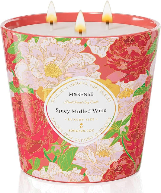 M&SENSE Spicy Mulled Wine Scented Candle, 28.2oz 3 Wick Natural Soy Wax Large Candles, Long Lasting Clean Slow Burning No Toxic Décor for Home Relaxation, Romantic Dates & Gift-Giving