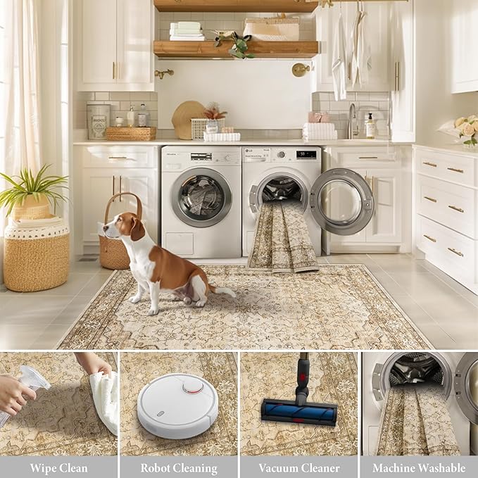 8x10 Area Rugs for Large Living Room Washable Low Pile Non Slip Stain Resistant Euro Floral Distressed Big Boho Carpet Rug Ultra-Thin for Bedroom Dining Room Farmhouse Family Room,Natural Beige