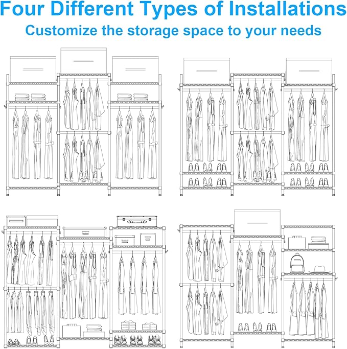 Ulif E13 Heavy Duty Clothes Rack（With 4 Hanger Rods & 8 Shelves） Freestanding Clothing Racks for Hanging Clothes，Adjustable Closet Organizer，Metal Garment Rack 63" W x16 D x77 H，Max Load 900LBS，Gold