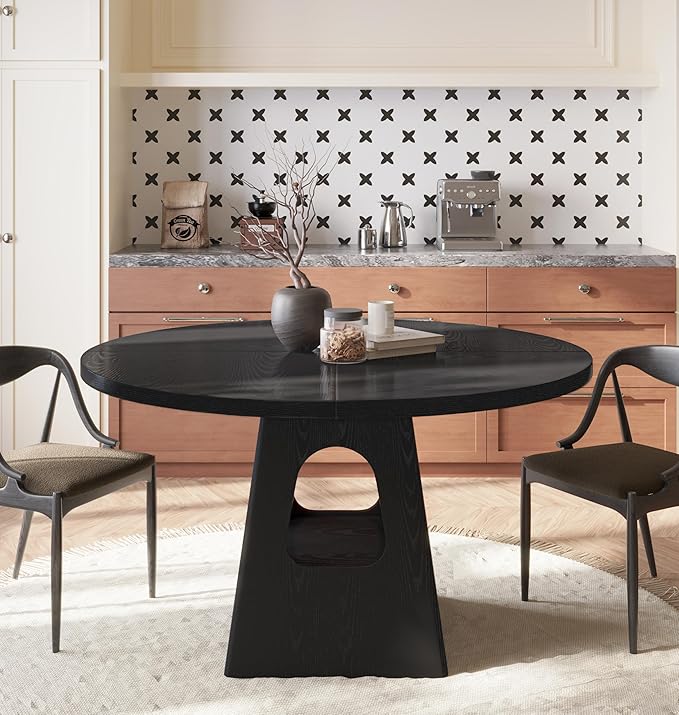 Round Dining Table for 4, Farmhouse 47 Inch Wood Dinner Tables with Storage Base for Kitchen Dining Living Room 4-6 People Gathering, Black