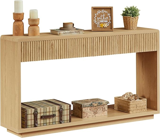 59" Rustic Flute Console Table with 2 Drawers, Modern Farmhouse Entrance Table, Sofa Table for Behind Sofa, Hallway Table with Storage Compartment, Suitable for Hallway and Living Room,Qak