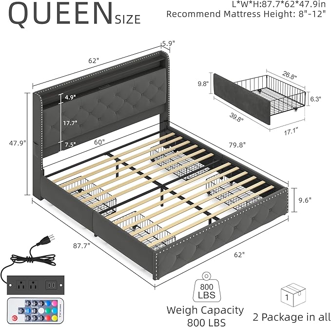 BRELTAM Bed Frame Queen Size with LED and Charging Station Upholstered Velve Tufed Bed Frame with 4 Storage Drawers,Platform Bed with Headboard Heavy Duty Wood Slats, Noise Free, Easy Assembly,Grey
