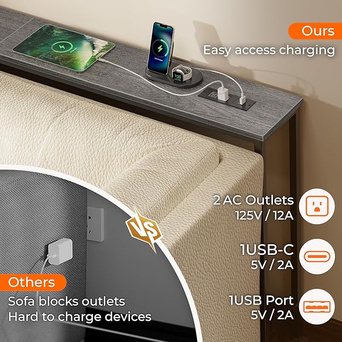 SUPERJARE 102.4 Inch Sofa Table with Power Outlets and USB-C Port, 5.9 Inch Narrow Console Tables, Entryway Hallway Couch Tables with Storage, Behind Sofa, Small Spaces, Living Room, Grey