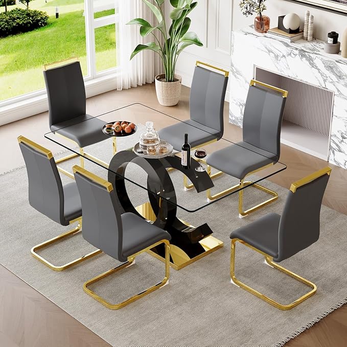 gopop 63'' Glass Dining Table Set for 6, Modern Kitchen & Dining Room Set, Rectangular Table with Clear Glass Top, Black Legs, Gold Metal Base, 6 PU Leather Chairs, Easy Assembly