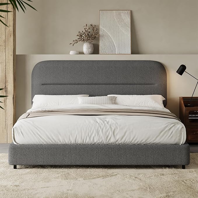 HOMBCK Full Size Boucle Bed Frame, Soft Upholstered Bed Frame with Headboard, Thickened Footboard, Rounded Corners, No Box Spring Needed, Easy Assembly, Grey