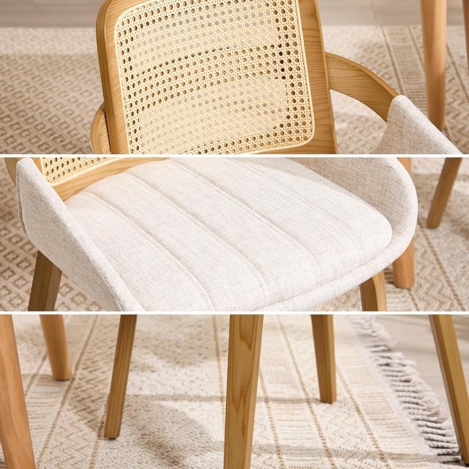 DUOMAY Modern Linen Dining Chairs Set of 2, Cane Back Room Chairs with Solid Wood Legs Kitchen Chairs for Living Room, Restaurant, Beige