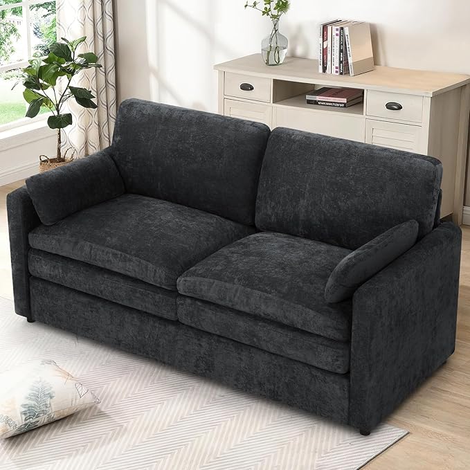 69" Chenille 2 Seats Sofa with 2 Pillows, Modern Upholstered Sofa with Deeper Seats, Comfy Sofa with Thickened Cushions for Living Room, Apartment, Black