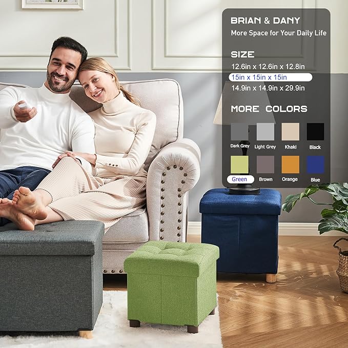 BRIAN & DANY 15 Inches Ottoman with Storage, Square Small Storage Ottoman Foot Rest with Legs, Ottomans Foot Stool for Dorm, Living Room, Entryway (Bright Green)