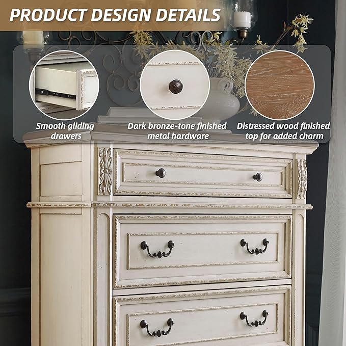 Signature Design by Ashley Realyn French Country 5 Drawer Chest, Tipover Restraint Device, 2-tone Finish, Wood, 40.13" W x 18.13" D x 58.13" H, Chipped White
