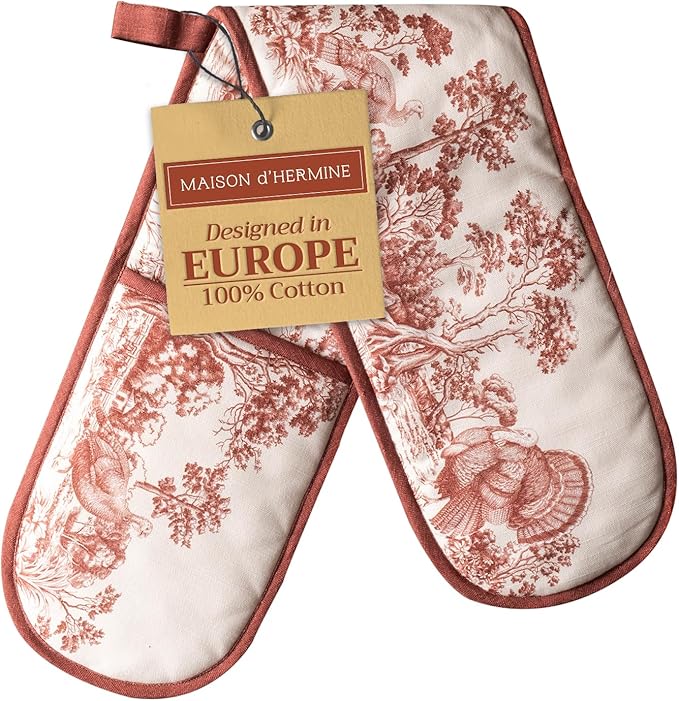 Maison d' Hermine Double Oven Mitt (7" x 35") 100% Cotton Heat Resistant BBQ Cooking Gloves with Loop for Thanksgiving Christmas Decorations Baking Cooking Handling Hot Pan (Holy Jouy - Brown)