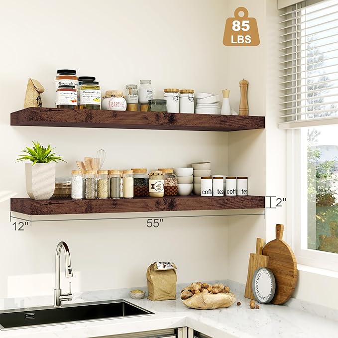 Heimlove 12" Deep Floating Shelves for Wall Shelf Over Toilet Wall Mounted Farmhouse Long 55 inches Set of 1, Farmhouse Shelves with Invisible Brackets for Living Room, Kitchen, Bedroom,Rustic Brown