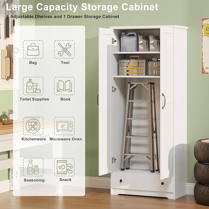 70" Tall Storage Cabinets, Large Wood Storage Pantry Cabinet with 6 Adjustable Shelves, 2 Striped Doors & Drawer, Standing Utility Cabinet for Kitchen, Bathroom, Dining Room, Antique (White)