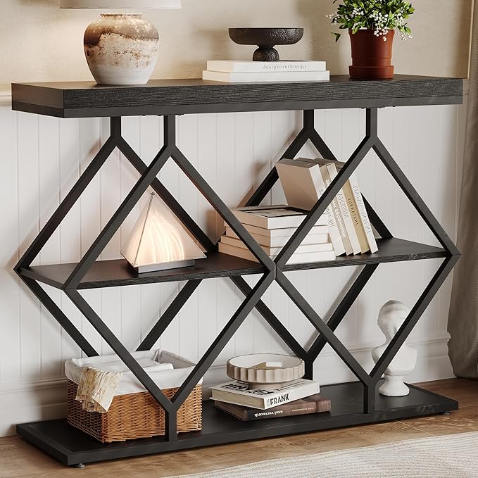 Garvee 3-Tier Entryway Table, Industrial Console Sofa Table with Storage, Accent Table with Open Shelves, Diamond-Shaped Metal Frame, Foyer Table for Entryway, Hallway, Black
