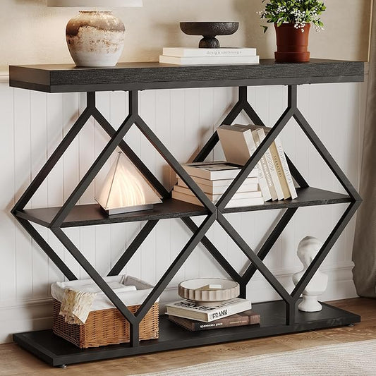 Garvee 3-Tier Entryway Table, Industrial Console Sofa Table with Storage, Accent Table with Open Shelves, Diamond-Shaped Metal Frame, Foyer Table for Entryway, Hallway, Black