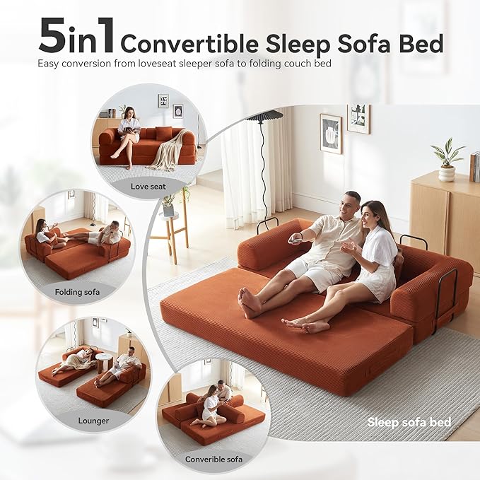Convertible Sleeper Sofa Bed with Cylindrical Pillow, Modern Corduroy Futon Bed, Modular Sofa with Pull-Out Bed, Love Seat Sleeper for Living Room, Small Space Apartment, Office (Orange)