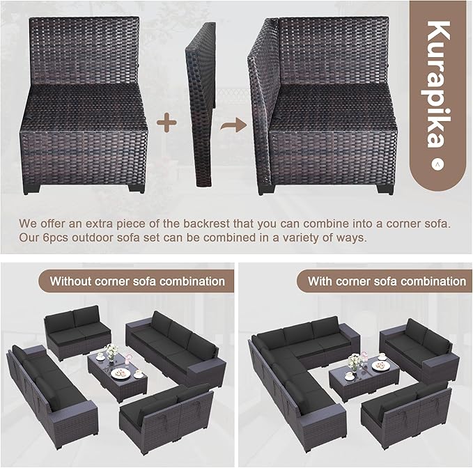 Kurapika 12 Pieces Patio Furniture Set, Rattan Wicker Outdoor Conversation Sets w/4 Inch Cushion and Glass Coffee Table(Black)