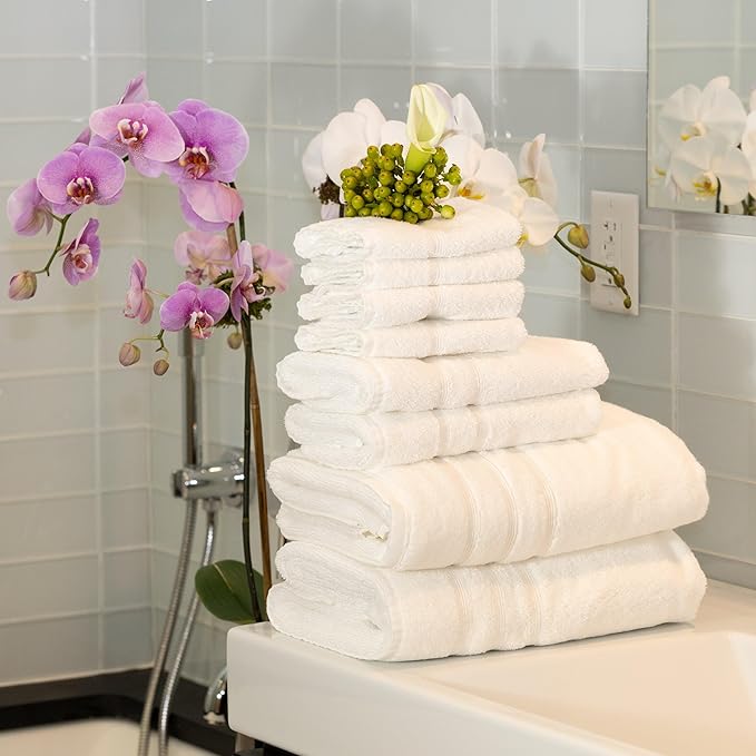 Mosobam Luxury Turkish 12pc Towel Set 30X58 16X30 13X13 White Oversize 700 GSM Bamboo Viscose & Aegean Turkish Combed Cotton