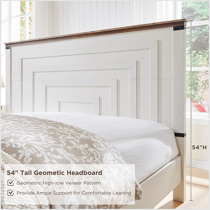 RedLemon Farmhouse King Size Bed Frame w/ 54" Tall Geometric Headboard, Rustic Wood Platform Bed w/ 2 Large Storage Drawers, Wood Slats Support, Noise Free, No Box Spring Needed, Antique White