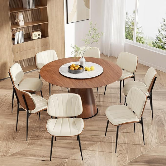 Dining Chairs Set of 8, Mid Century Modern Dining Room Chair, Upholstered Faux Leather Kitchen Chairs with Walnut Bentwood Back and Metal Legs for Kitchen Dining Room Living Room, Beige